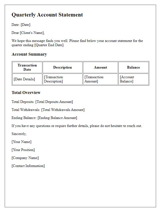 Letter template of quarterly account statement for clients