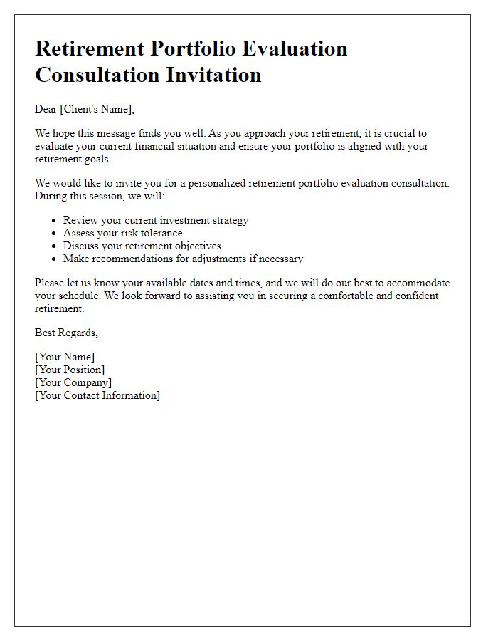 Letter template of retirement portfolio evaluation consultation