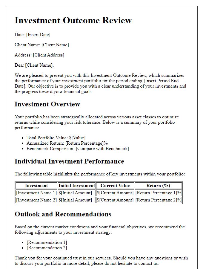 Letter template of client investment outcome review