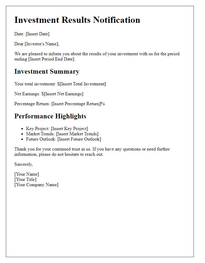 Letter template of investment results notification