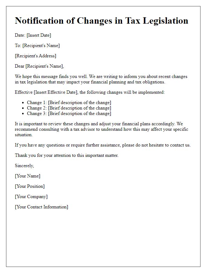 Letter template of changes in tax legislation notifications