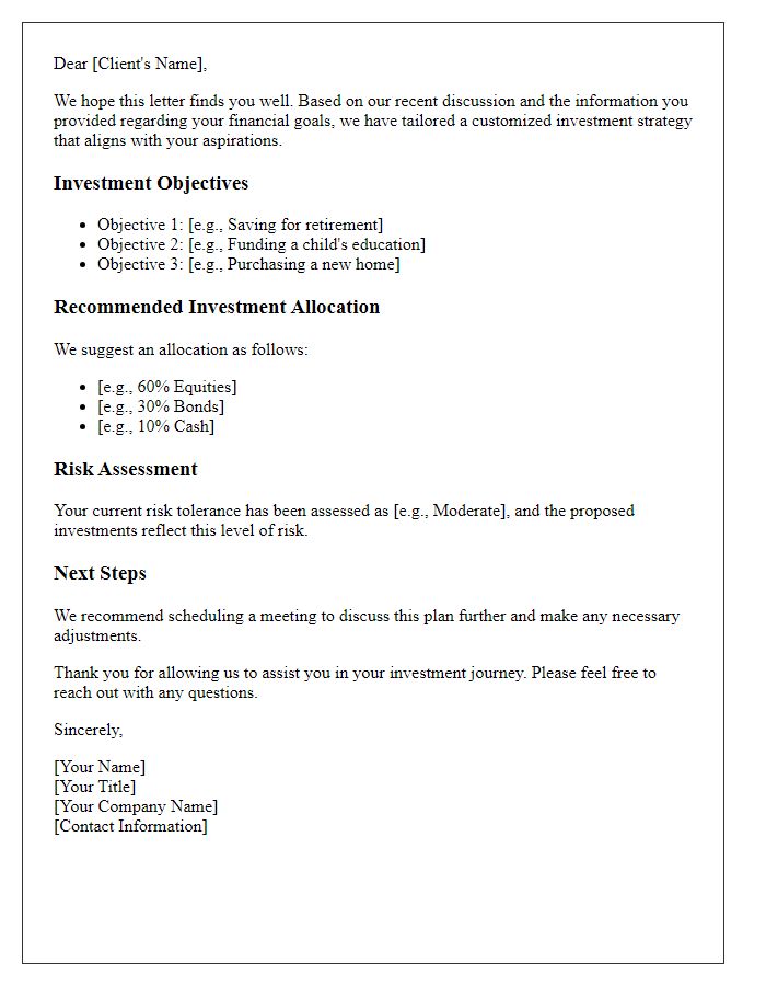 Letter template of customized investment guidance