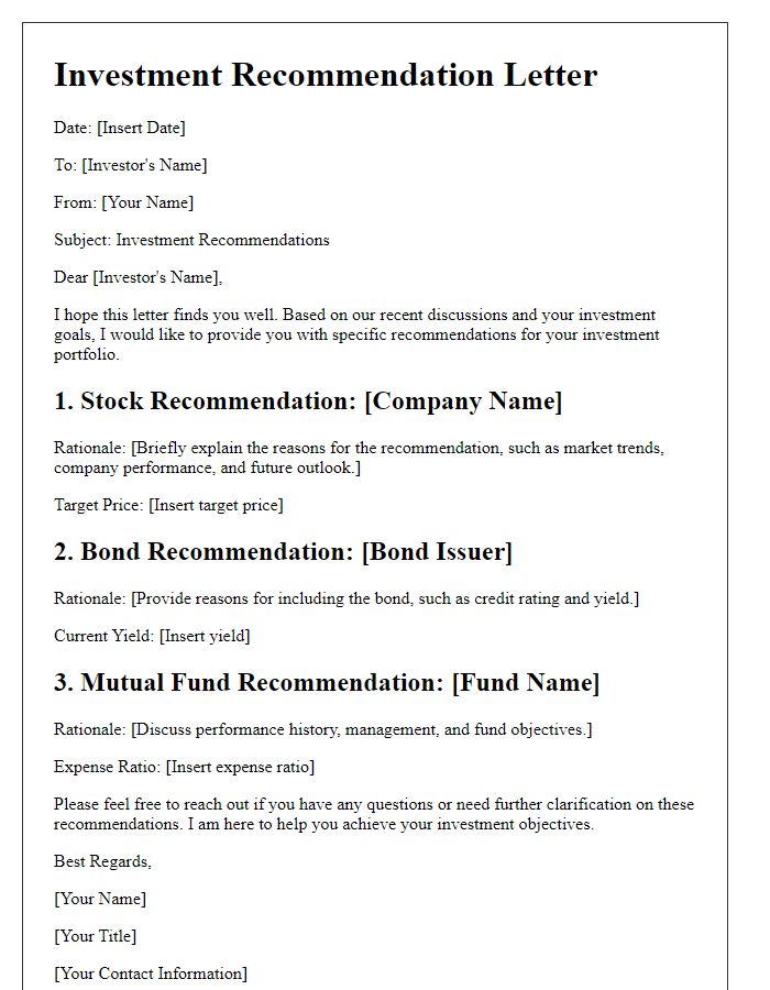 Letter template of specific investment recommendations