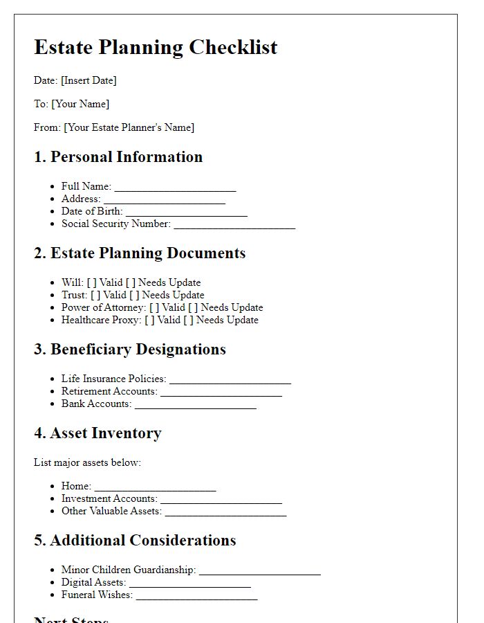 Letter template of estate planning checklist for individuals