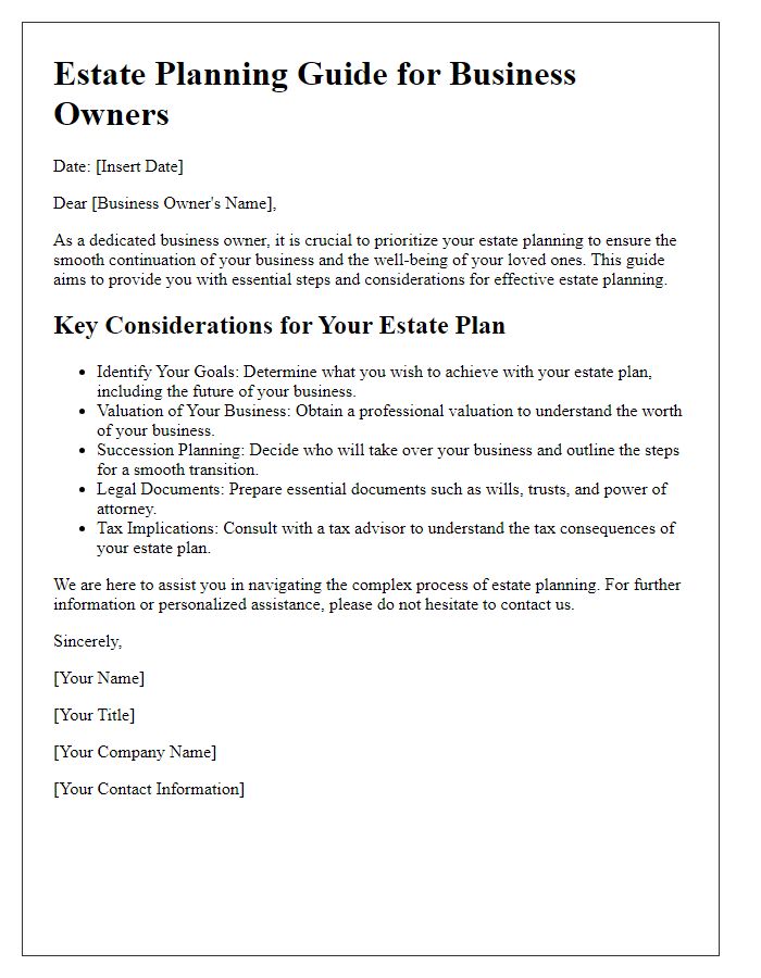 Letter template of estate planning guide for business owners