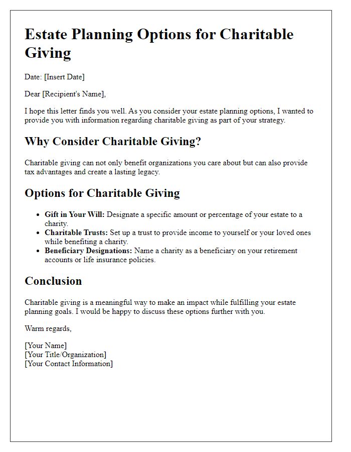 Letter template of estate planning options for charitable giving