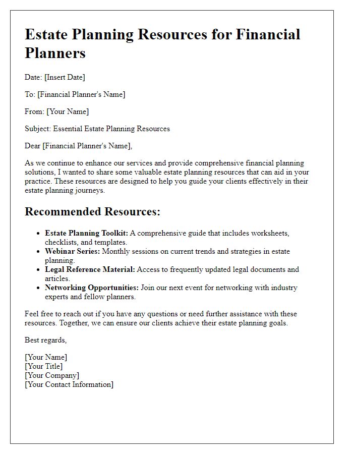 Letter template of estate planning resources for financial planners