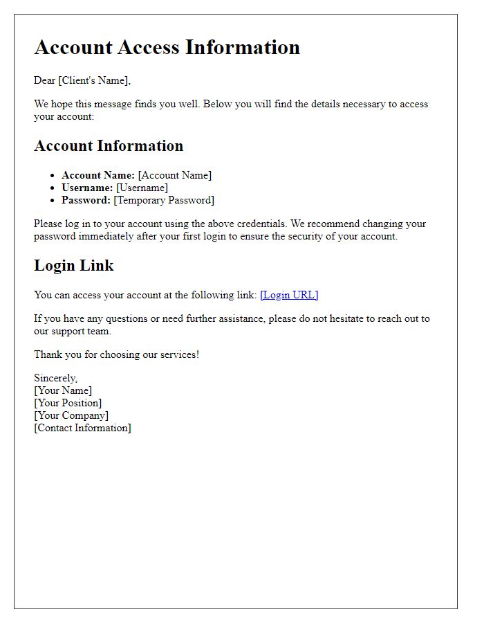 Letter template of client account access information