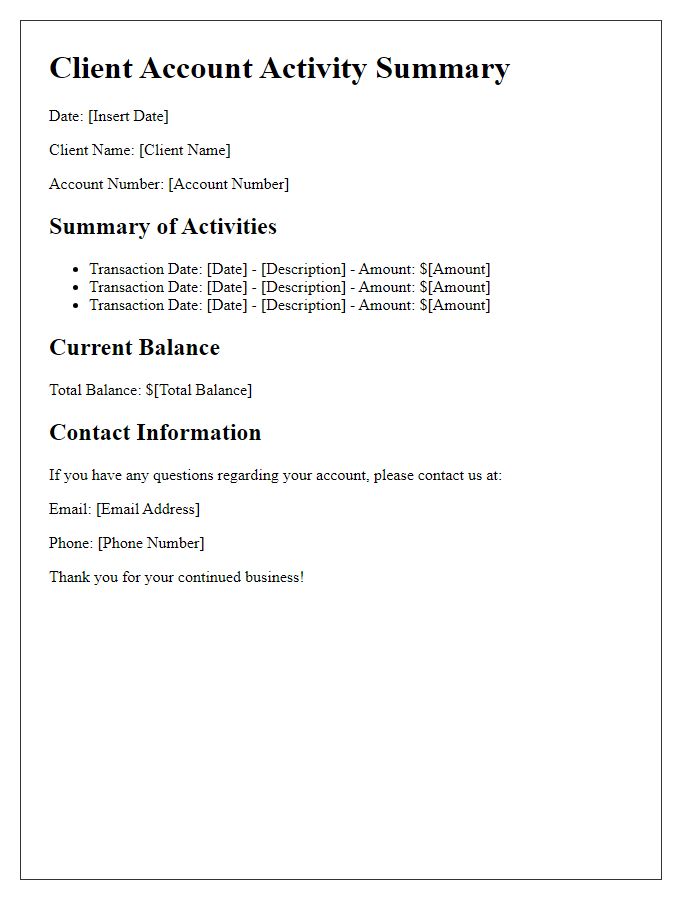 Letter template of client account activity summary