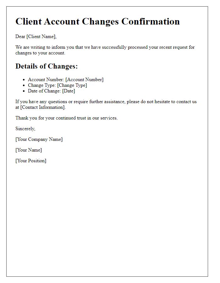 Letter template of client account changes confirmation