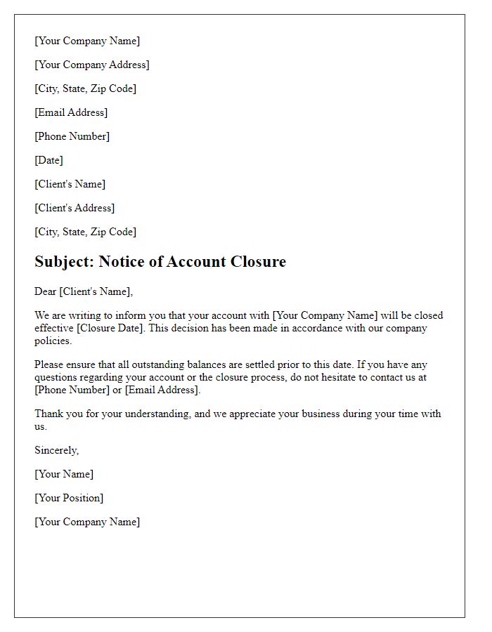 Letter template of client account closure notice