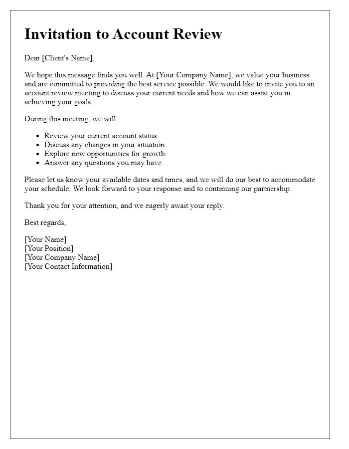 Letter template of client account review invitation