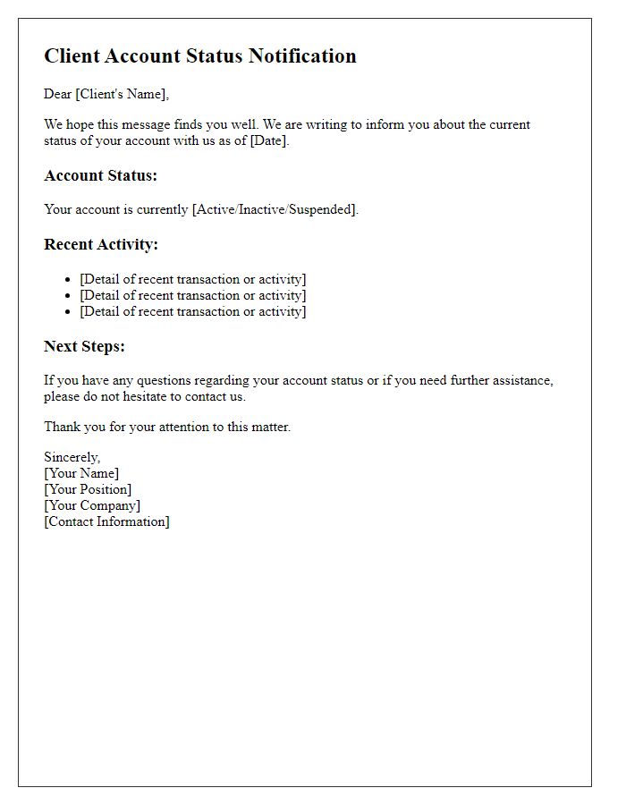 Letter template of client account status notification