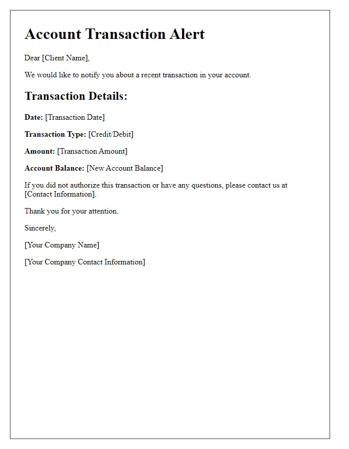 Letter template of client account transaction alert