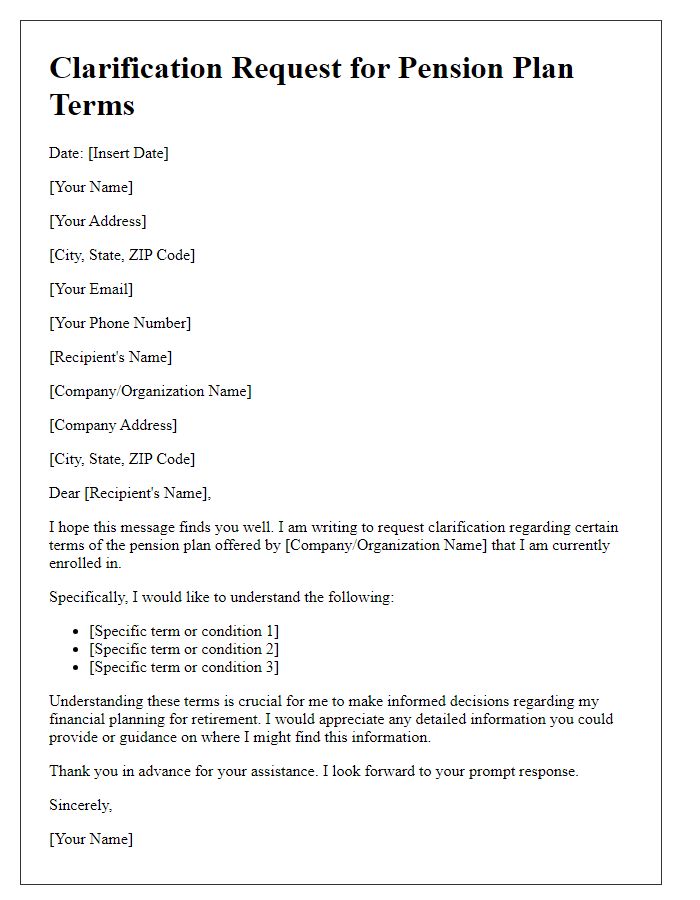 Letter template of clarification request for pension plan terms