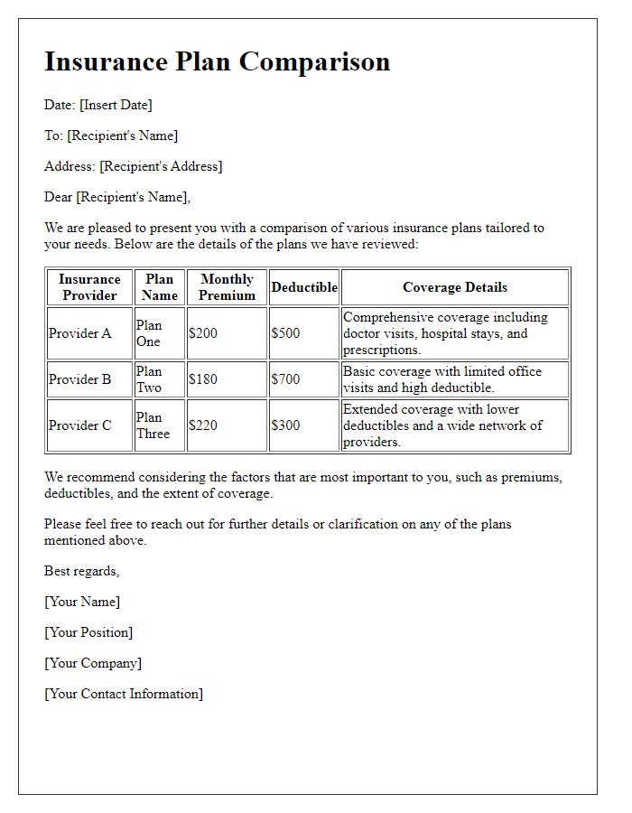 Letter template of insurance plan comparison