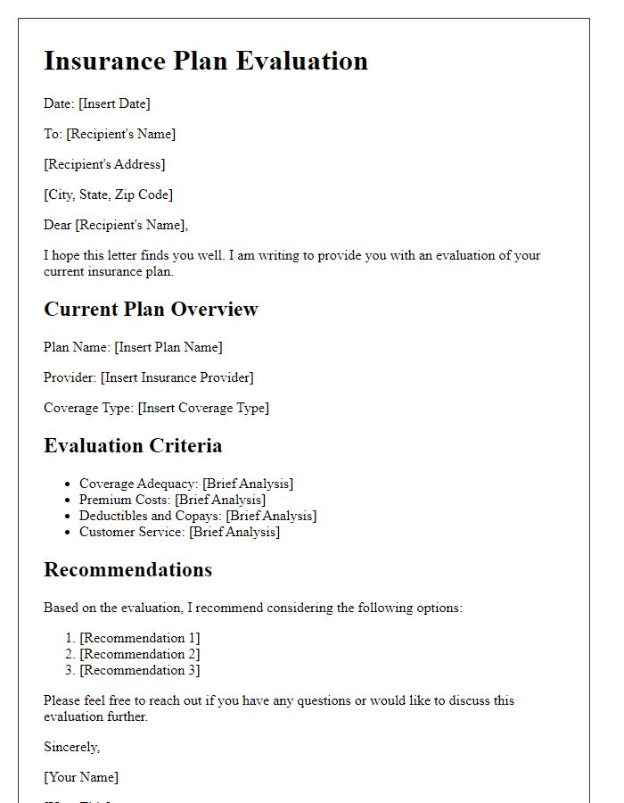 Letter template of insurance plan evaluation