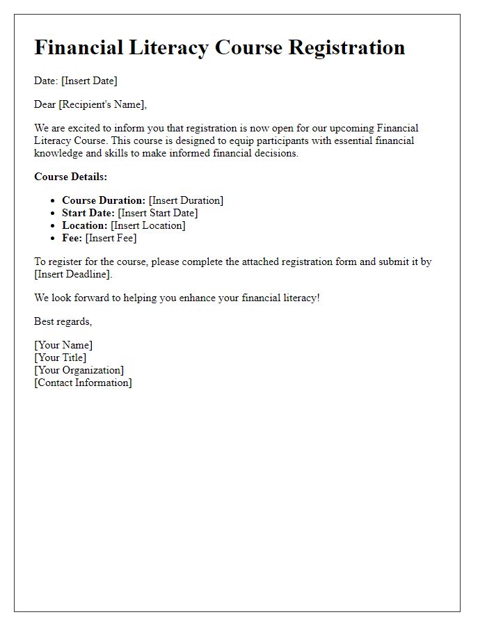 Letter template of financial literacy course registration