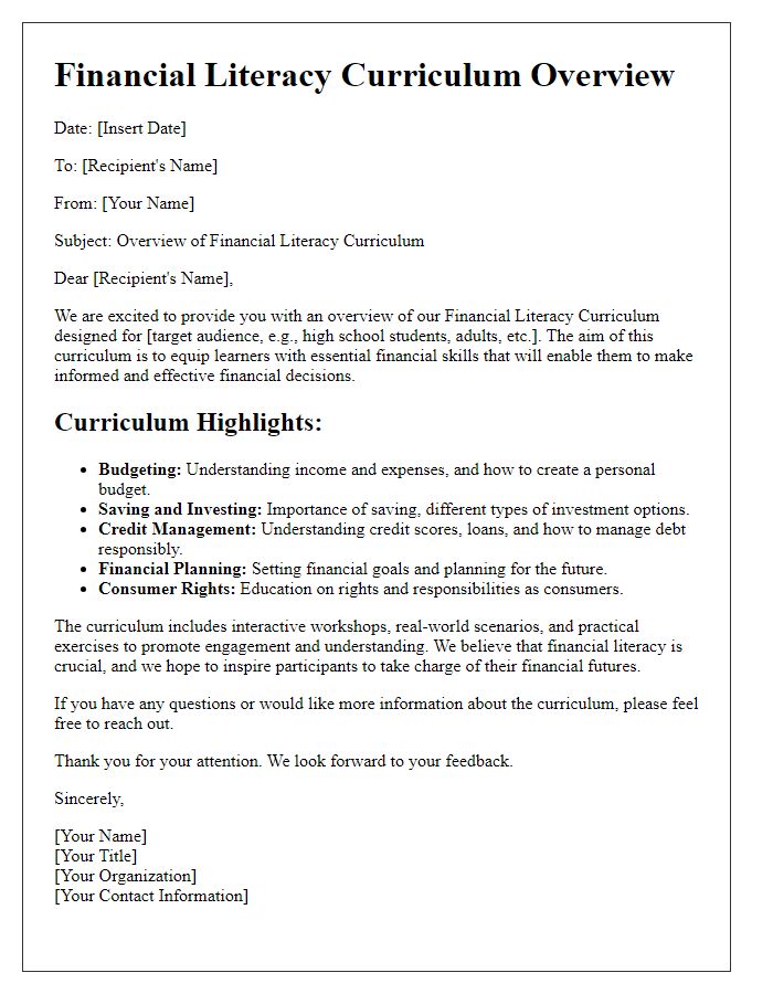 Letter template of financial literacy curriculum overview