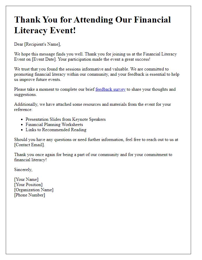 Letter template of financial literacy event follow-up