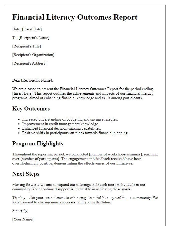 Letter template of financial literacy outcomes report