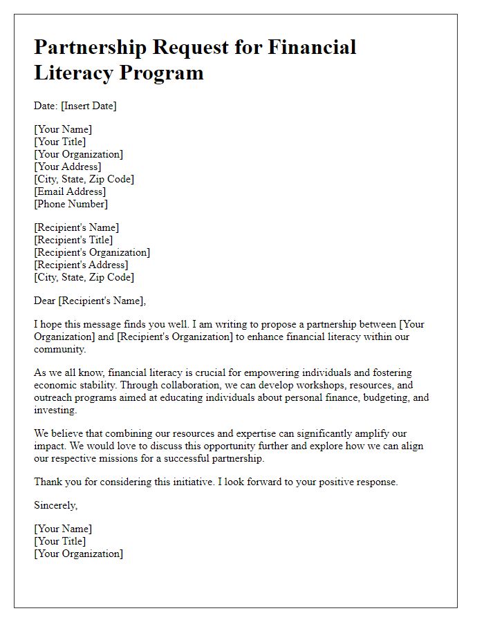 Letter template of financial literacy partnership request