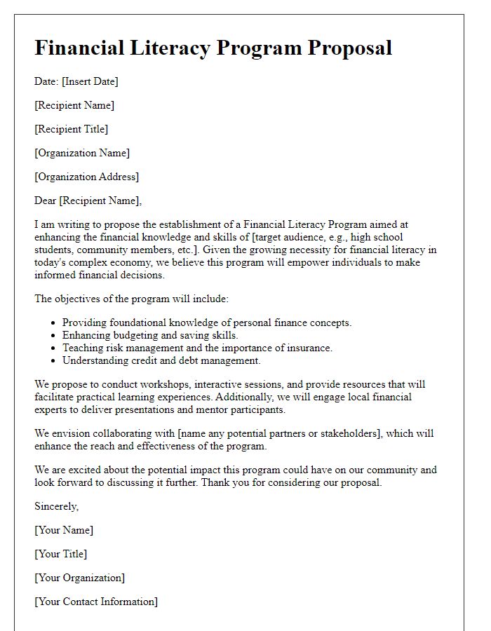 Letter template of financial literacy program proposal