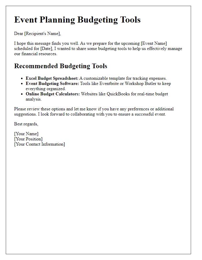 Letter template of budgeting tools for event planning