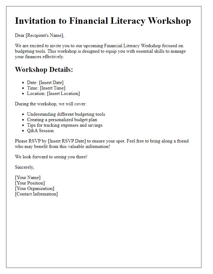 Letter template of budgeting tools for financial literacy workshops