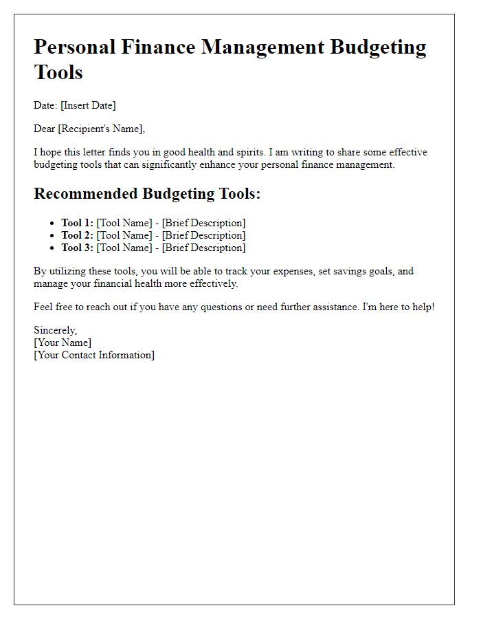 Letter template of budgeting tools for personal finance management