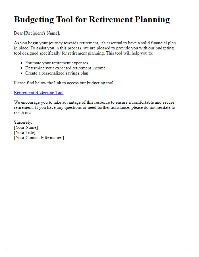 Letter template of budgeting tools for retirement planning