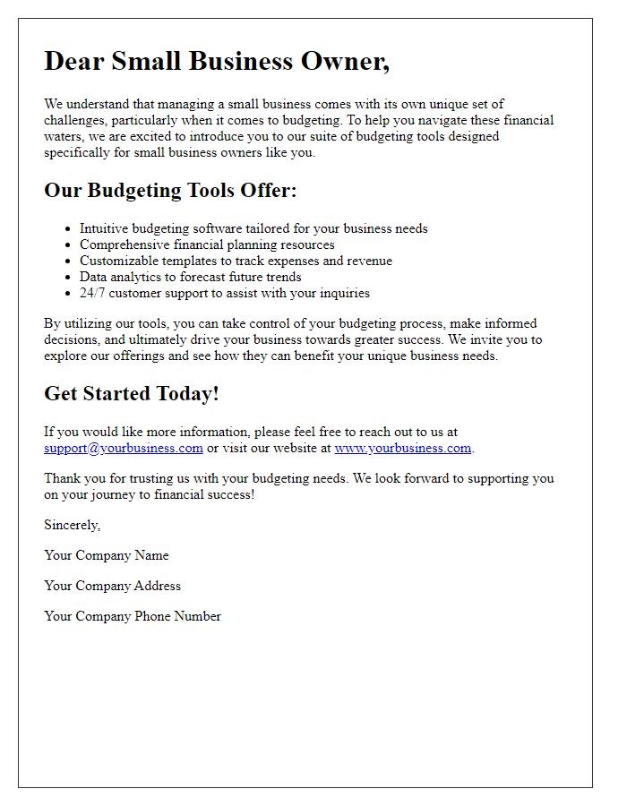 Letter template of budgeting tools for small business owners