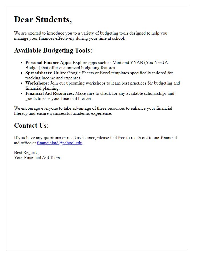 Letter template of budgeting tools for students