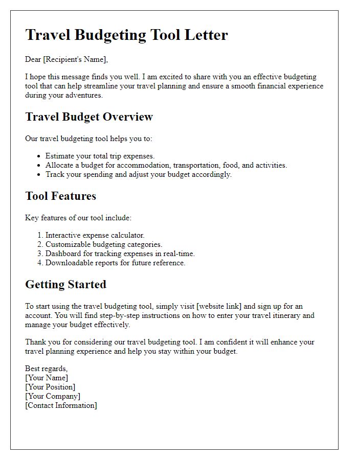 Letter template of budgeting tools for travel budgeting