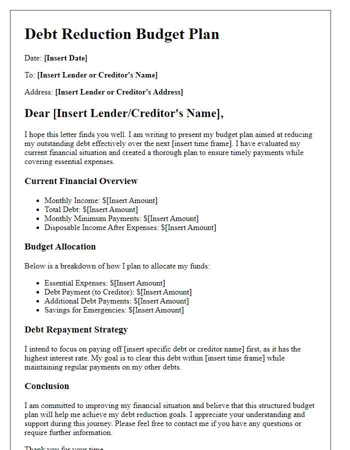 Letter template of budget plan for debt reduction