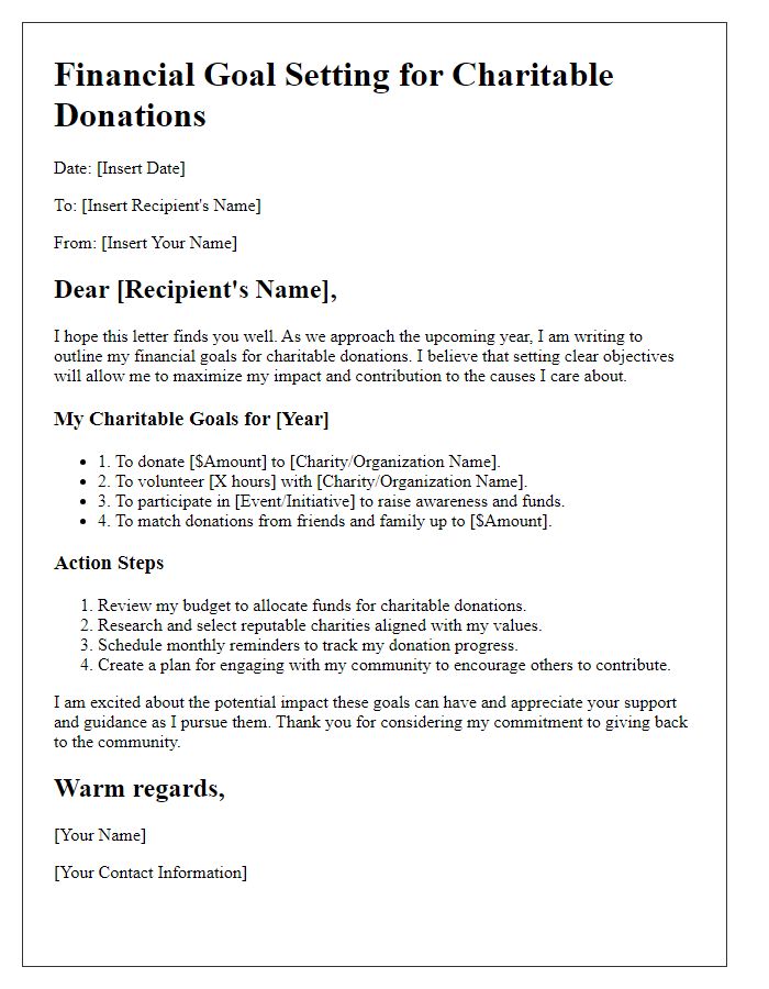 Letter template of financial goal setting for charitable donations.