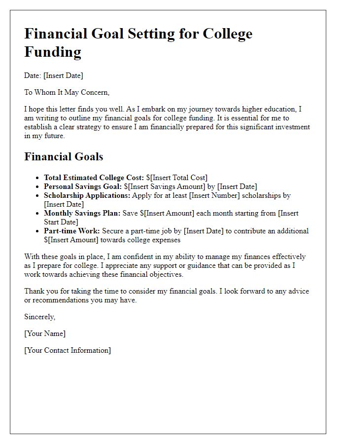 Letter template of financial goal setting for college funding.