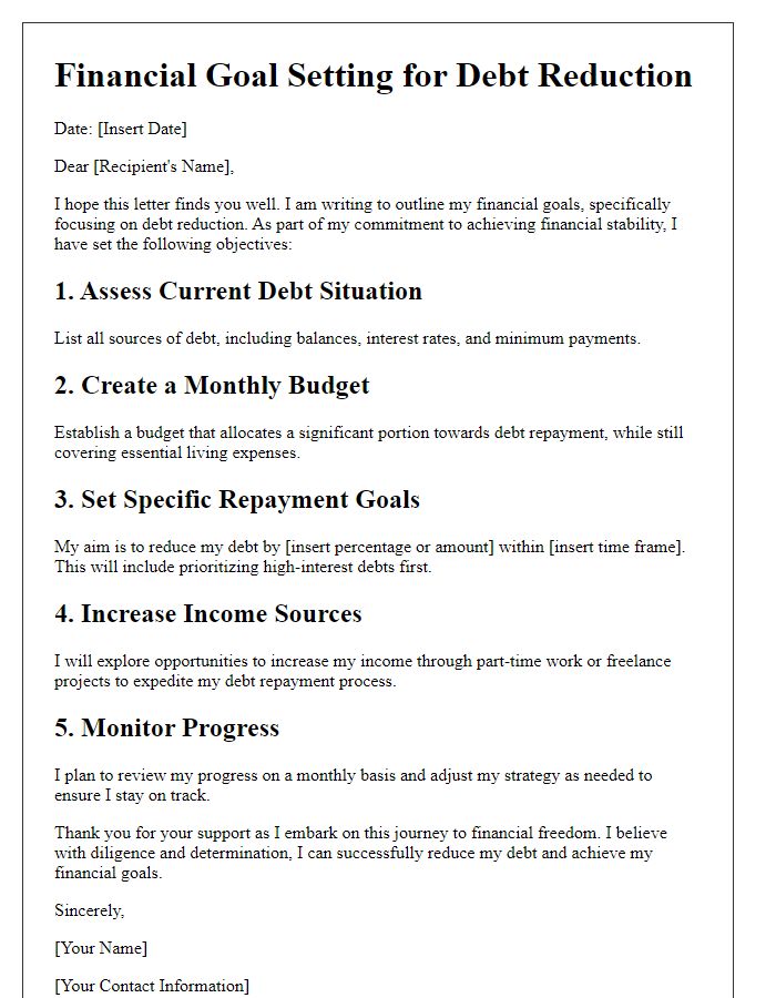 Letter template of financial goal setting for debt reduction.