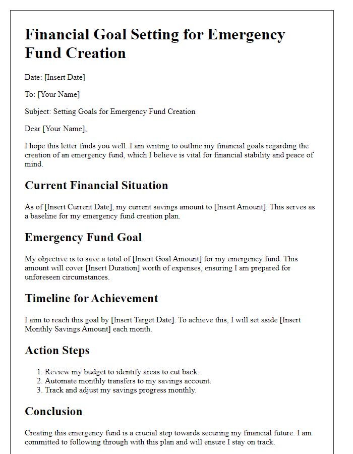 Letter template of financial goal setting for emergency fund creation.