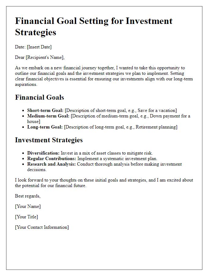 Letter template of financial goal setting for investment strategies.