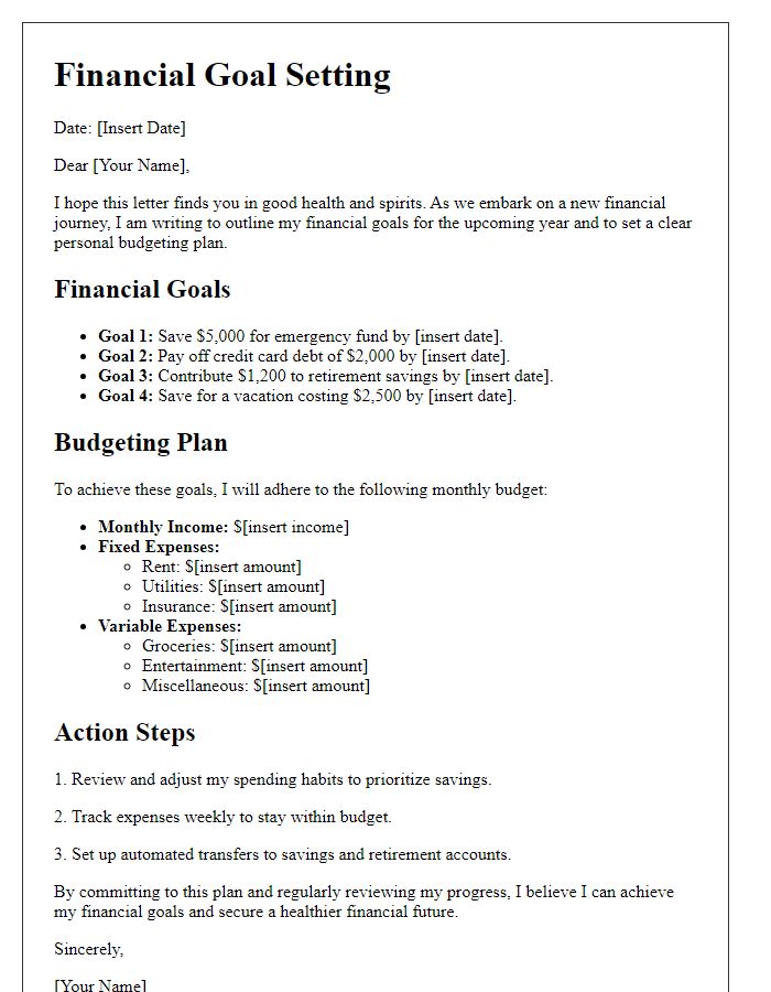 Letter template of financial goal setting for personal budgeting.