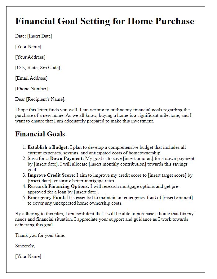 Letter template of financial goal setting for purchasing a home.