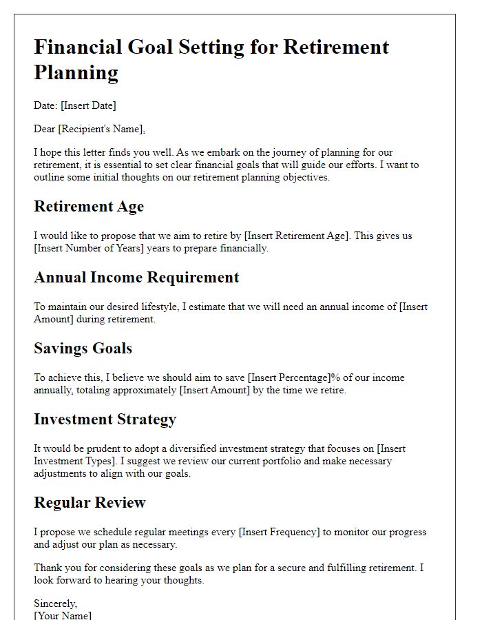 Letter template of financial goal setting for retirement planning.