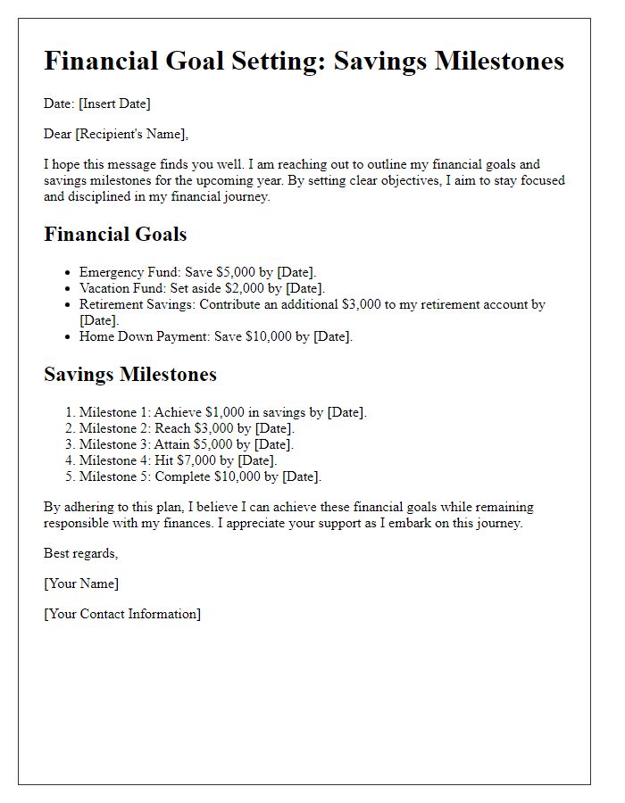 Letter template of financial goal setting for savings milestones.