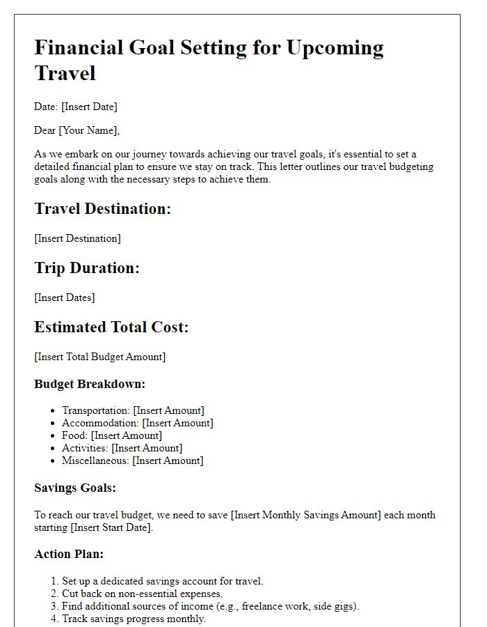 Letter template of financial goal setting for travel budgeting.