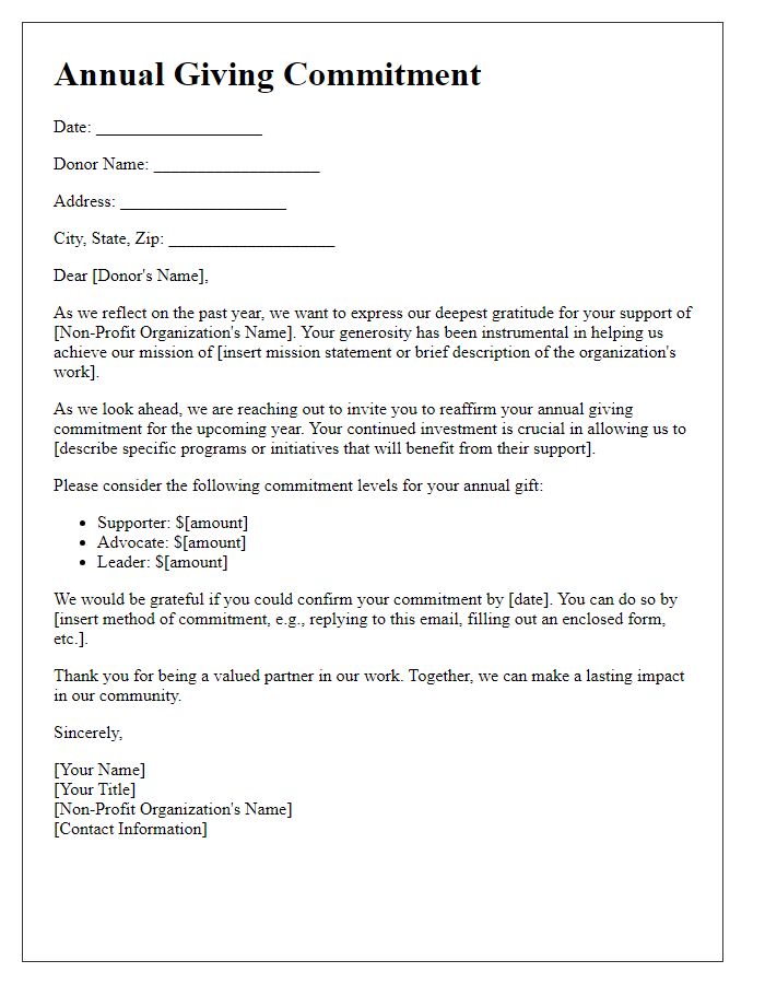 Letter template of annual giving commitment for non-profit organizations