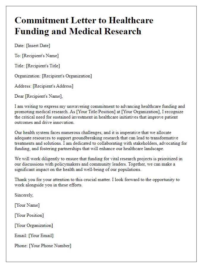 Letter template of commitment to healthcare funding and medical research