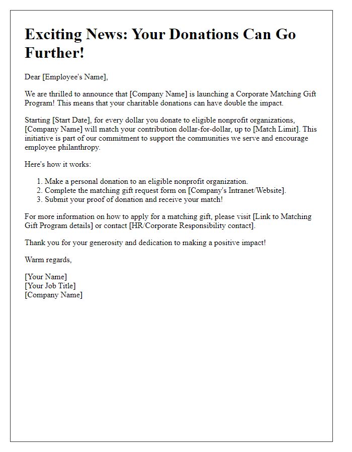 Letter template of corporate matching gift announcement for employee donations