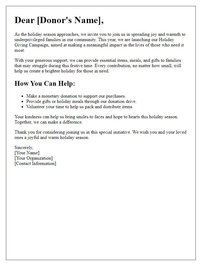 Letter template of holiday giving campaign for underprivileged families