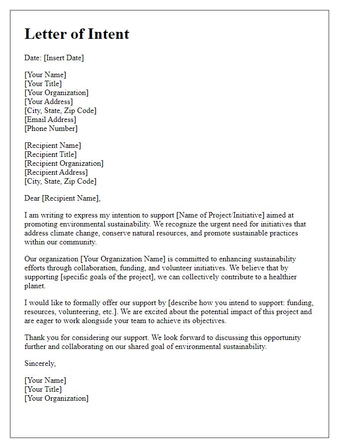 Letter template of intention to support environmental sustainability projects